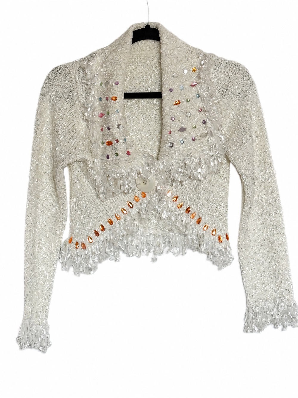 Vintage Beaded Fringe Knit Cardigan Sweater in Cream - Picture 2 of 6